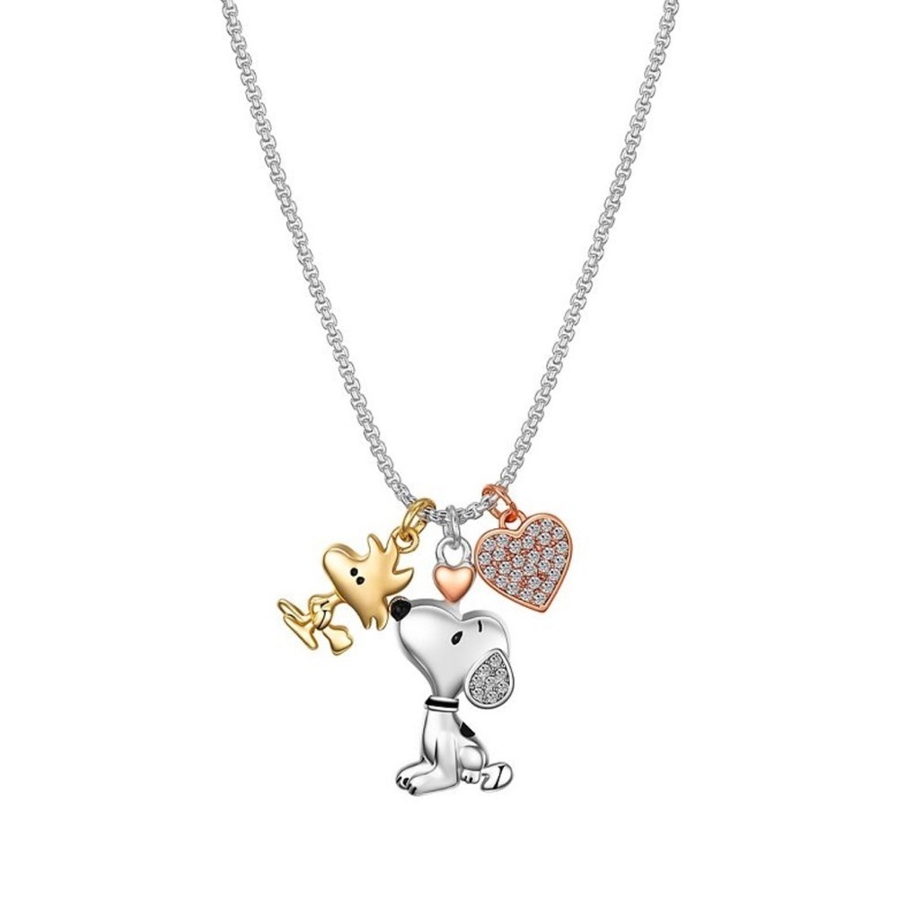 🆕 Peanuts Crystal Snoopy Woodstock Heart Charm Pendant Necklace Tri-Tone - Picture 2 of 5